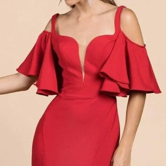 NEW LONG OFF THE SHOULDER TRUMPET DRESS WITH FLARED SLEEVES & DEEP SLIT CD A0079 - Picture 3 of 6